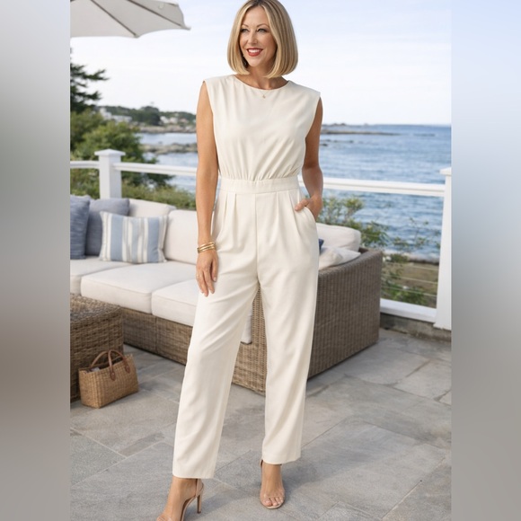 None Pants - Cream Sleeveless Jumpsuit | Minimalist Chic Tailored Size M (6) Neutral